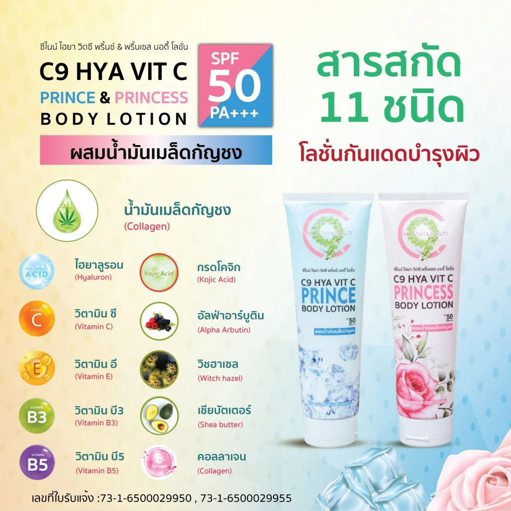 C9 Hya Vit C Prince&Princess Body Lotion โลชั่นผิวกายกันแดด SPF50 กลิ่นน้ำหอม ช่วยให้ผิวกระจ่างใส